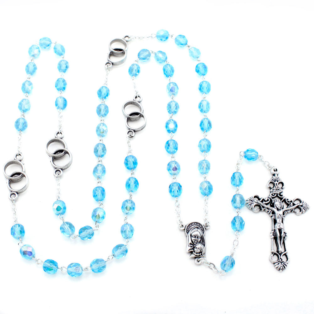 Wedding Rings Rosary w/ Aqua Crystal Beads