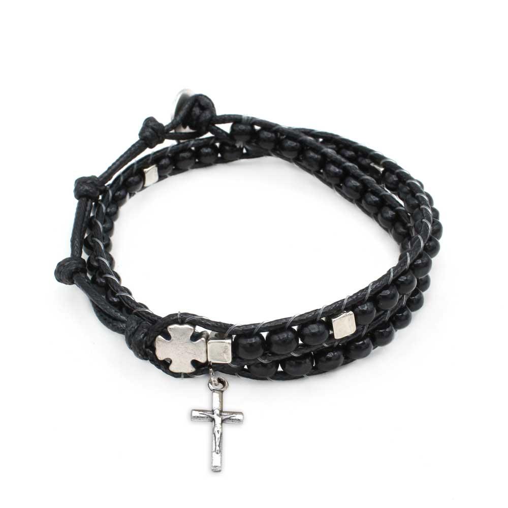 Ladder Design Black Wooden Beads Wrap Around Rosary Bracelet