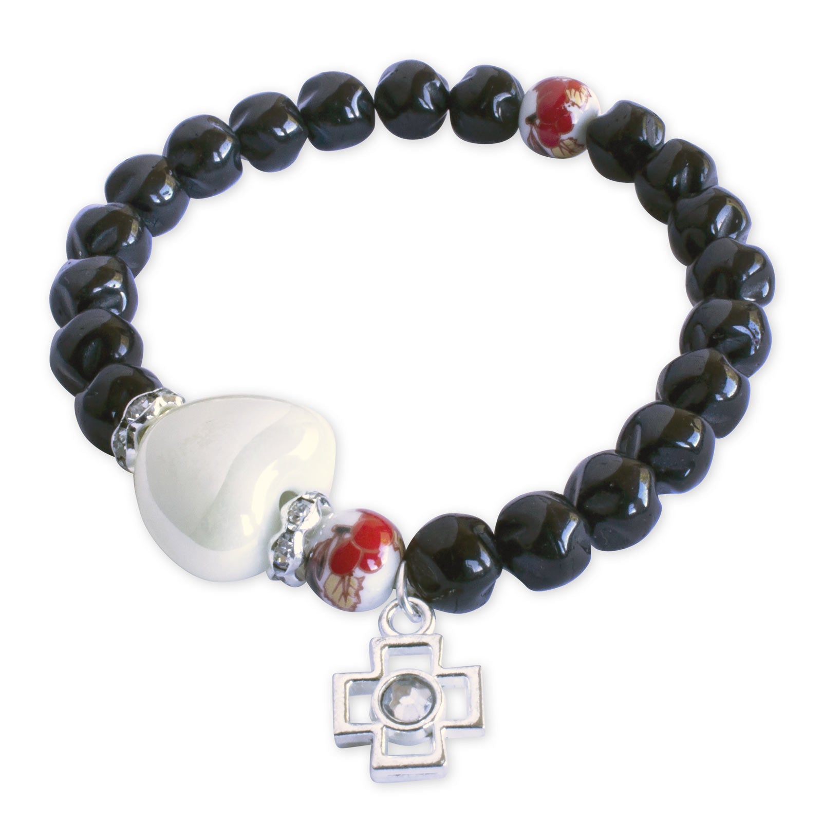 Rosary Bracelet Black Beads Heart Cross Elastic women teens