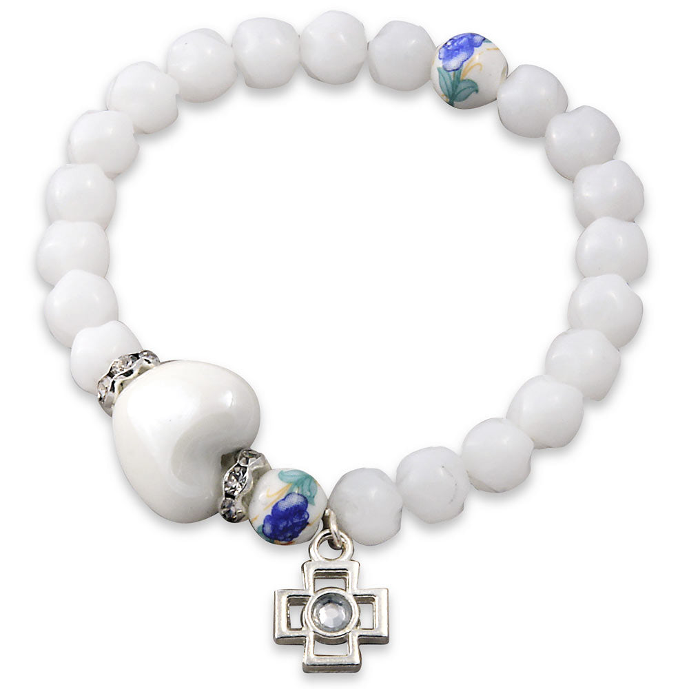 Rosary Bracelet White Beads Heart Cross Elastic women teens