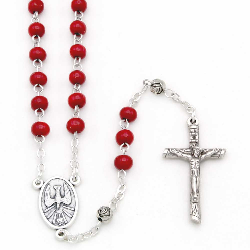 Holy Spirit Red Wooden Bead Rosary