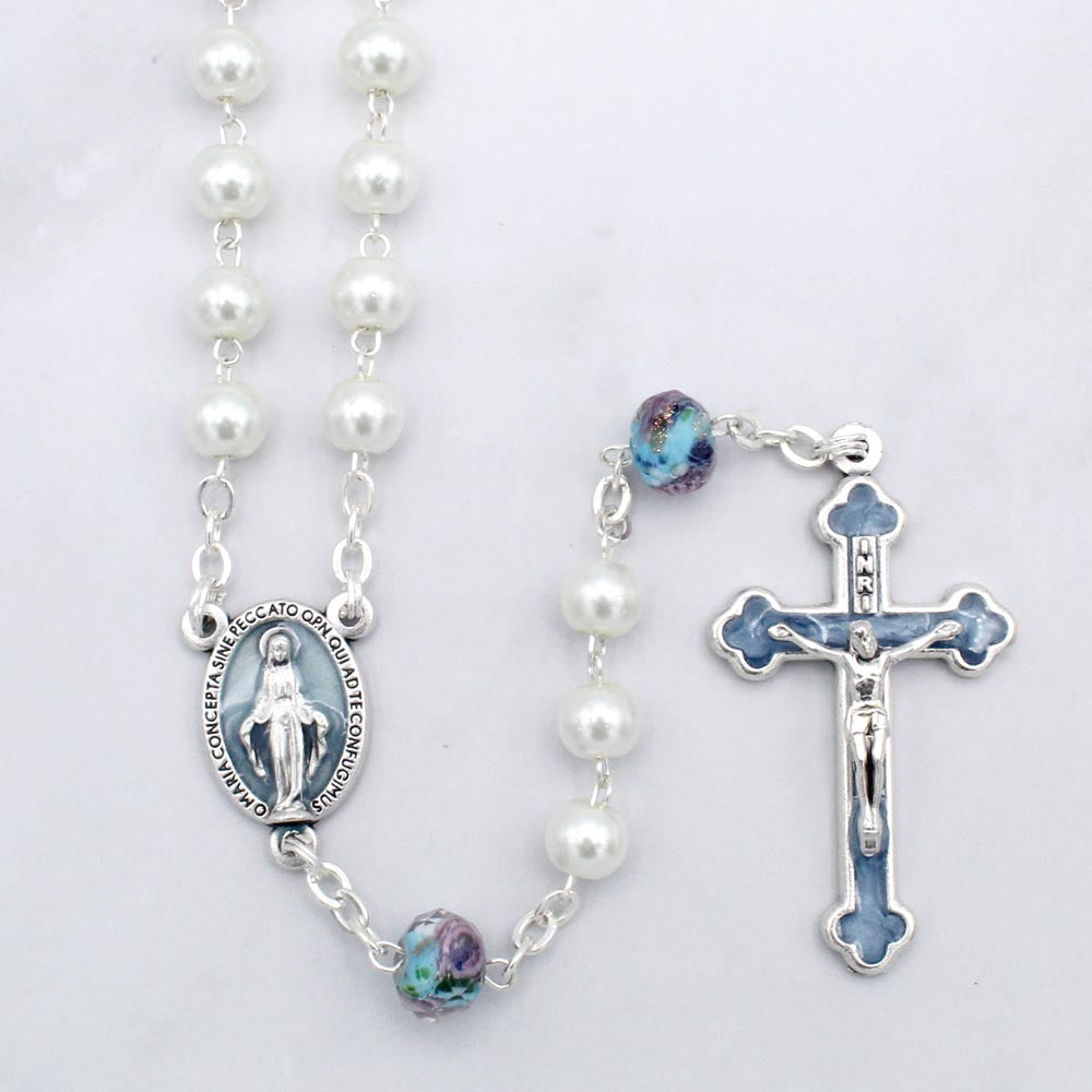 Glass Pearl Bead Rosary Blue Enamel Crucifix