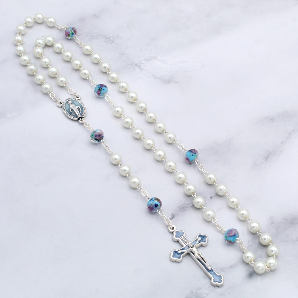 Miraculous Rosary with Glass Pearl Beads Blue Enamel Crucifix Center