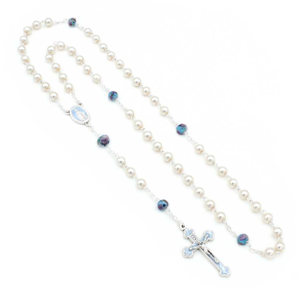 Pearl Rosary Blue Miraculous Medal Enameled Crucifix