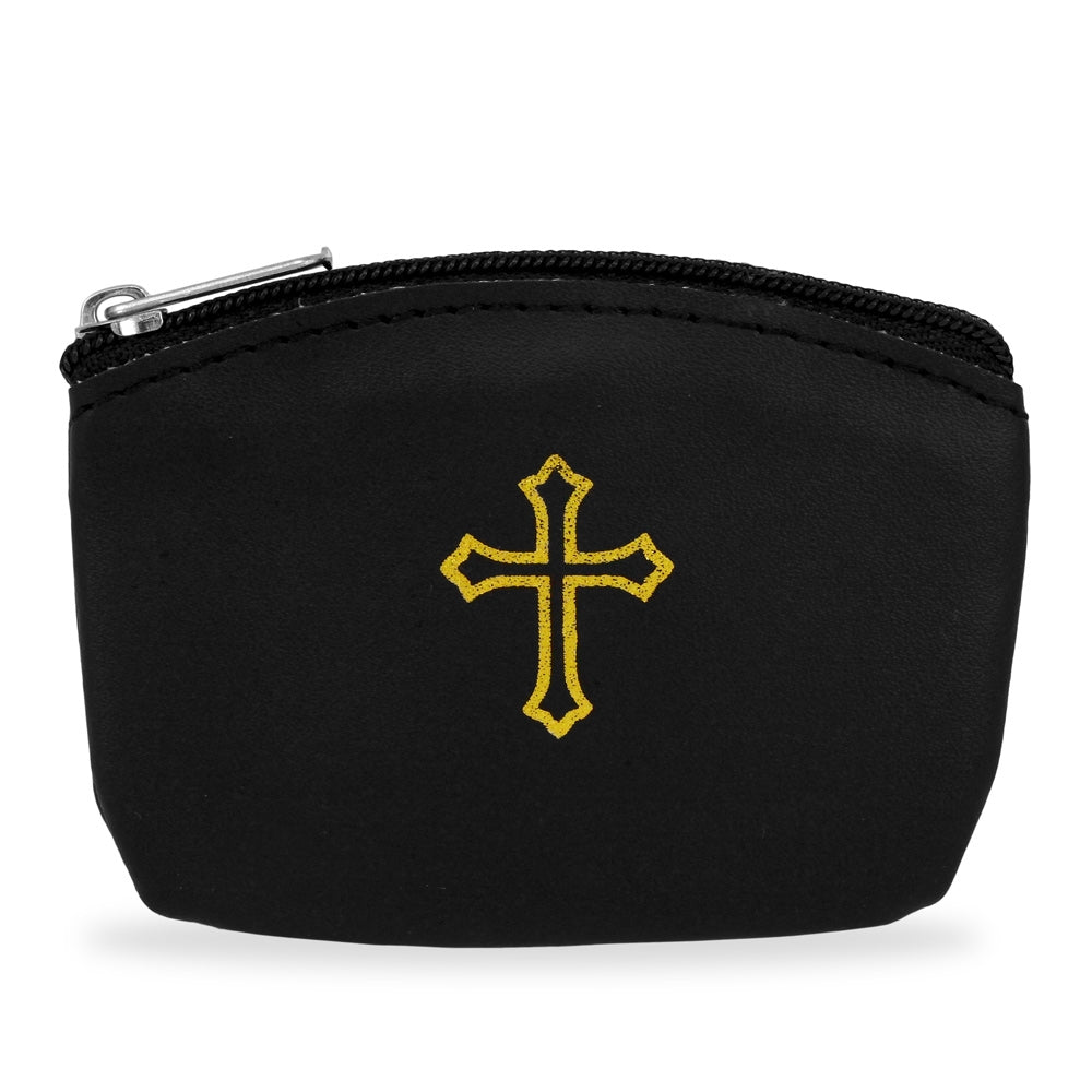 Black Rosary Pouch with Gold Cross Design and Zipper
