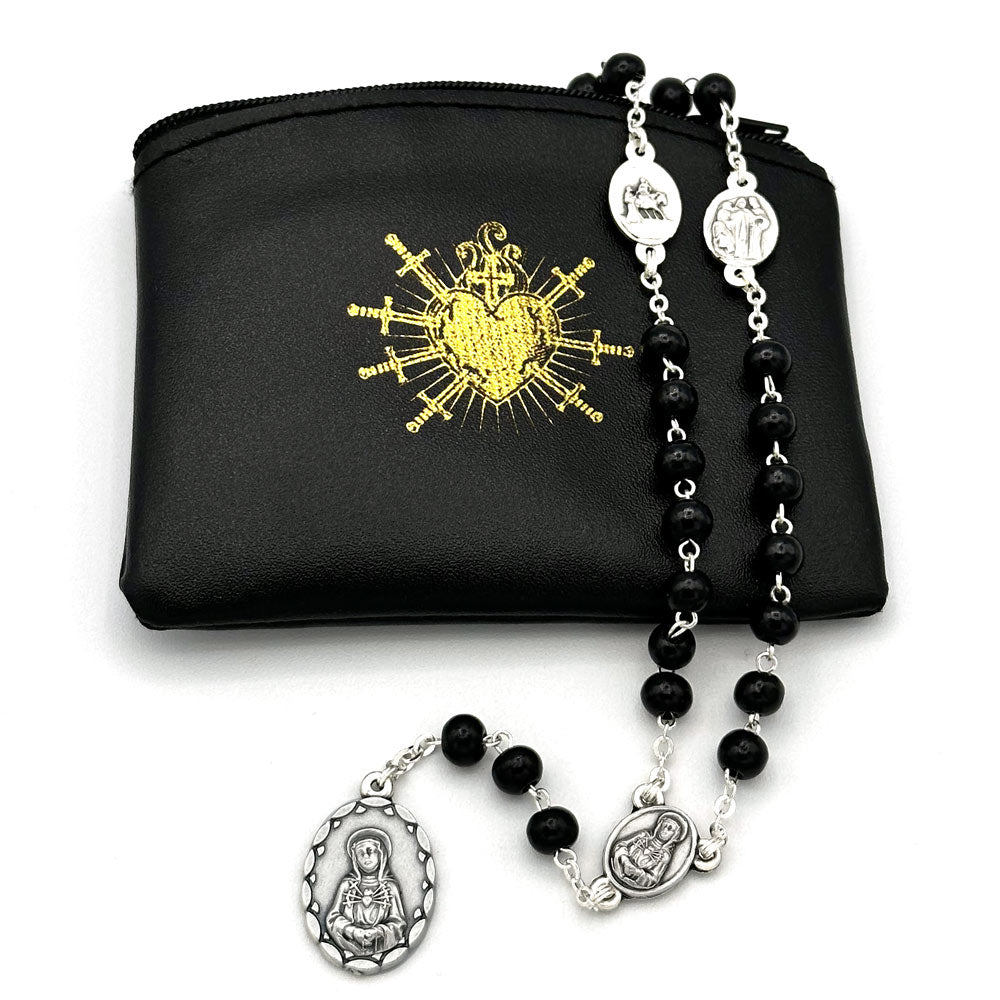Seven Sorrows of Mary Rosary Chaplet Black Wood Beads and Matching Rosary Pouch - Servite Rosary