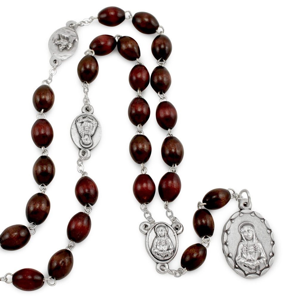 Seven Sorrows of Mary Rosary Chaplet Oval Brown Wooden Beads - Servite Rosary