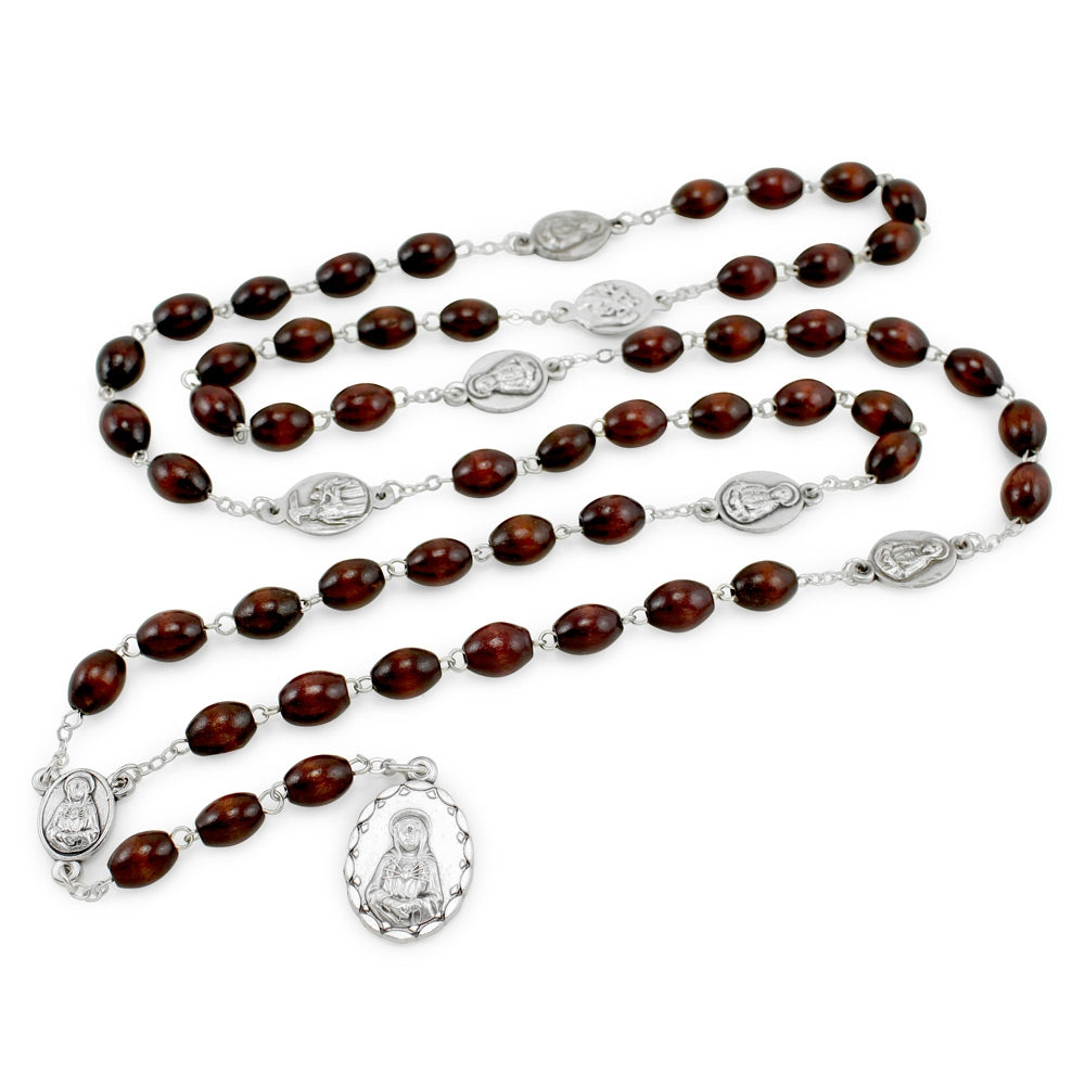 Seven Sorrows of Mary Rosary Chaplet Oval Brown Wooden Beads