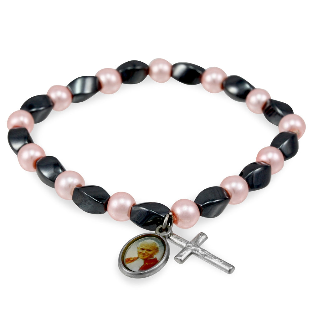 Saint John Paul II Rosary Bracelet Hematite Pearl Beads