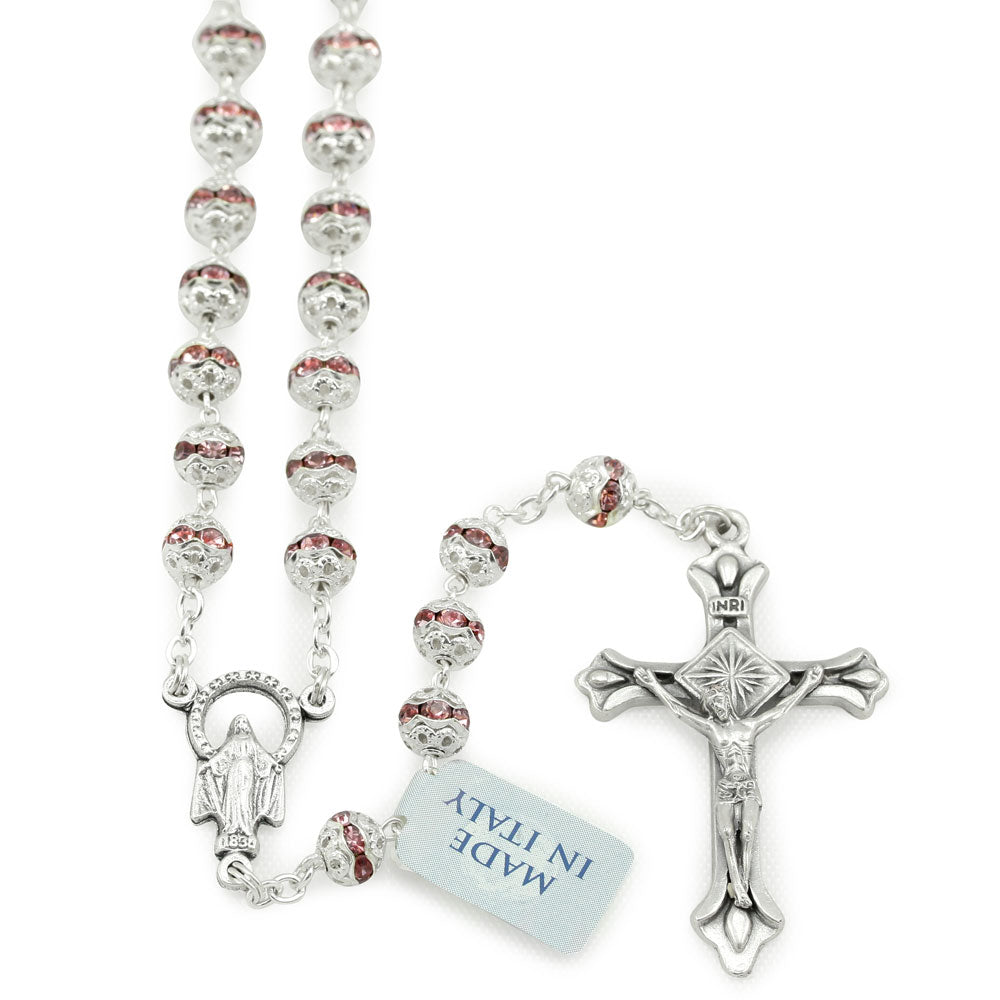 Pink Swarovski Crystal Rosary Filigree Rondelle