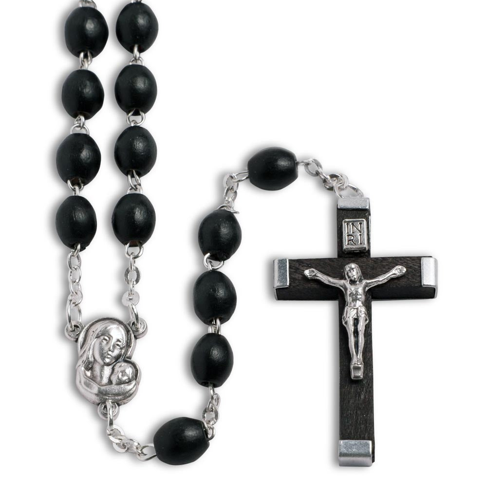 Rosary Black Oval Wooden Beads Madonna Child