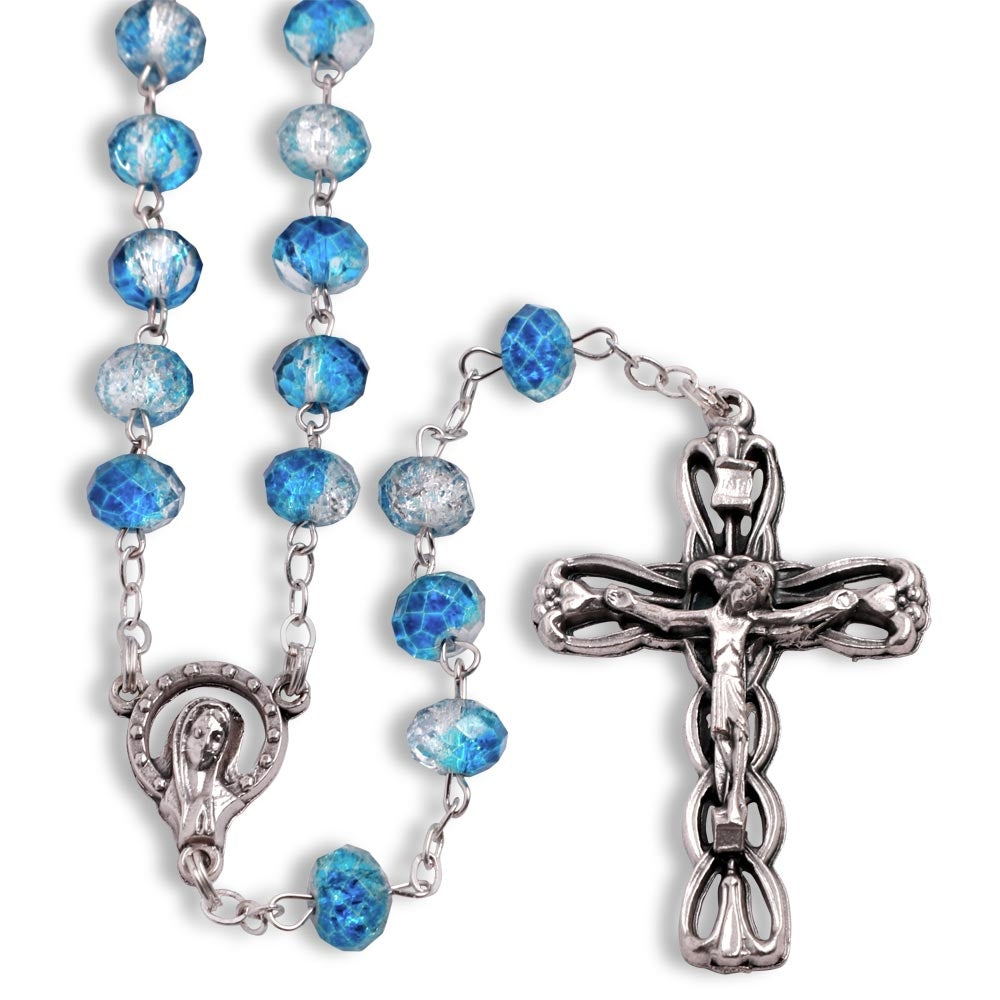 Rosary Overflowing Blue Multifaceted Glass Beads Antique Filigree Crucifix