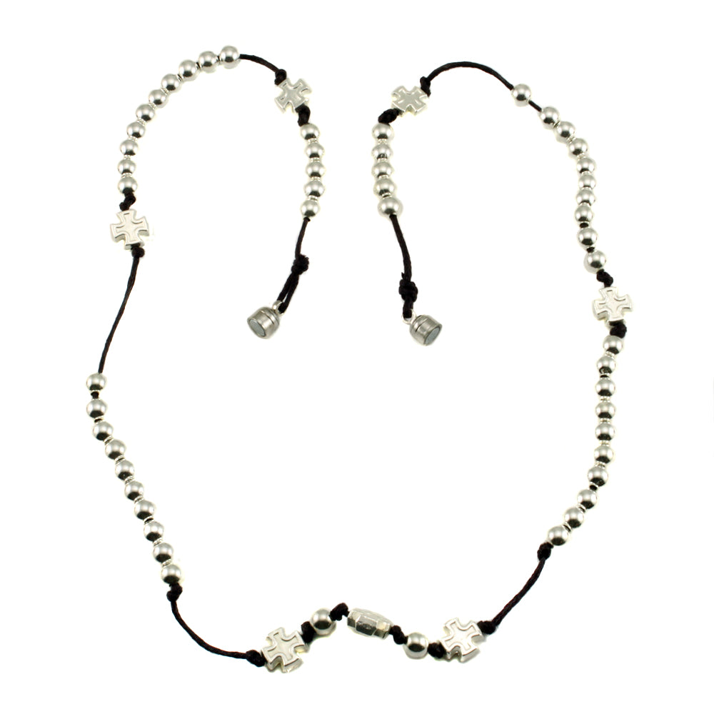 Polished Rosary Necklace w/  Silver Beads & Crosses
