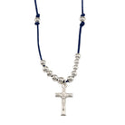 Rosary Necklace Metal Beads Crucifix Blue String