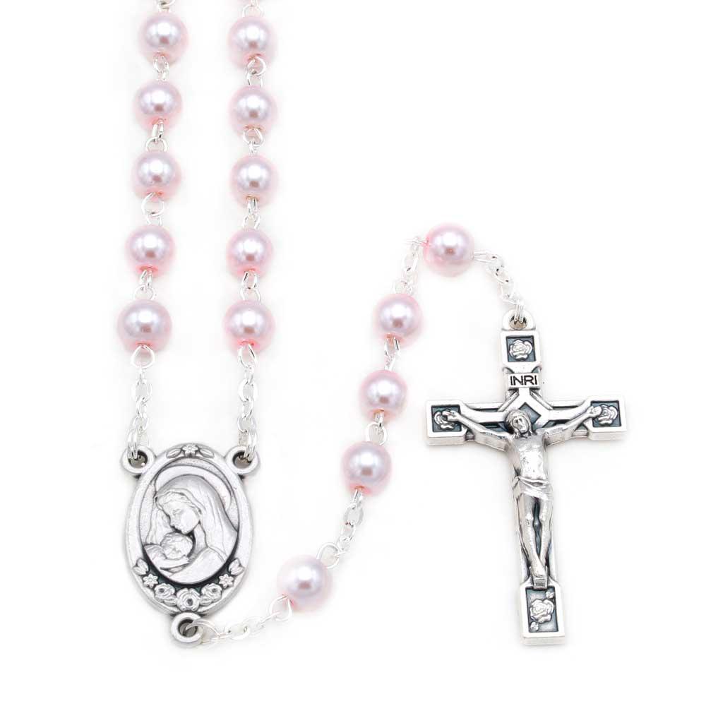 Rosary Pearl Glass Pink Beads Mother and Child