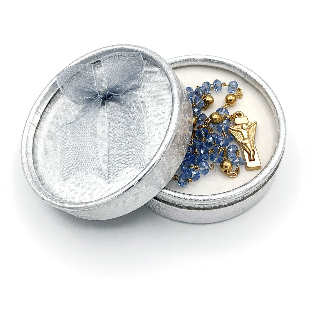 Lady of Fatima Rosary with gold links and Sapphire Crystal Beads