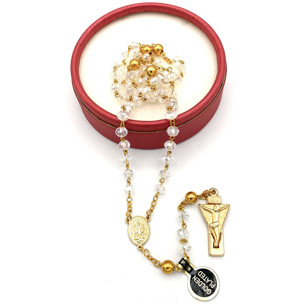 Fatima Rosary with gold links and Clear Crystal Beads
