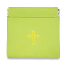Green Vinyl Rosary Pouch Squeeze Top Spring Closure with Gold Cross Imprint