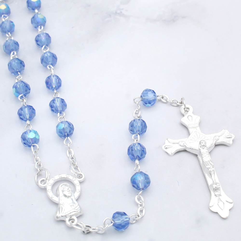 Blue Crystal Beads Rosary Shiny Finish Crucifix