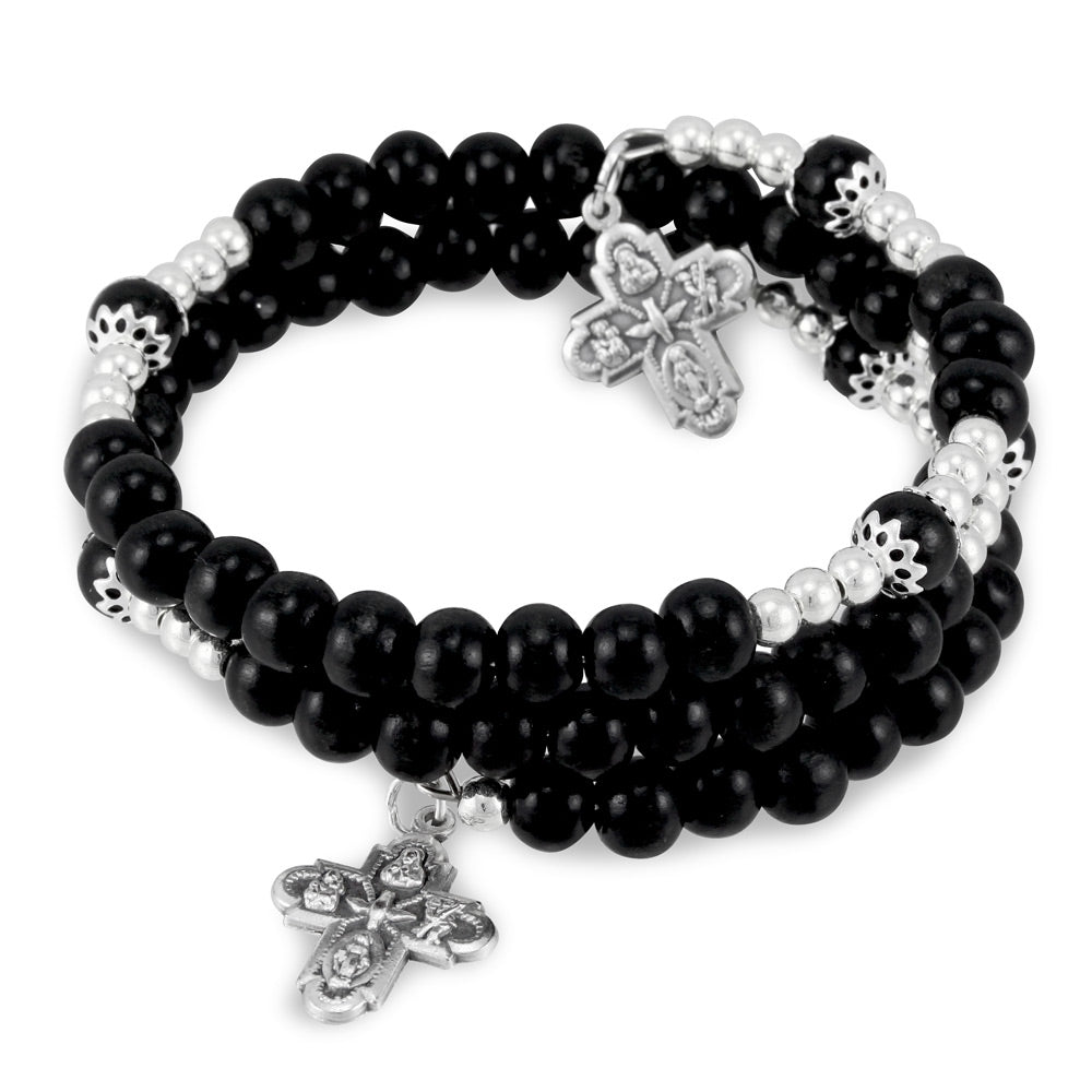 Wrap Around Wooden Beads Rosary Bracelet Four Way Cross