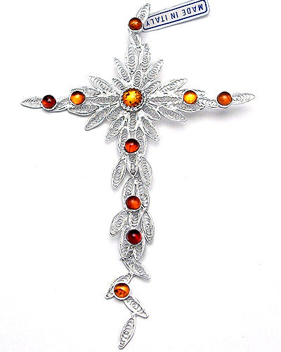 Sterling Silver Cross Catholic Pendant w/ Amber Stones